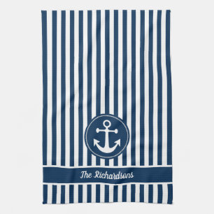 Linge De Cuisine Ancre nautique avec corde sur rayures bleu marine
