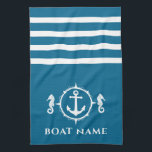 Linge De Cuisine Ancre nautique Cheval de mer Votre nom de bateau A<br><div class="desc">Ancre nautique personnalisée avec Seahorse et votre nom de bateau personnalisé sur une serviette de cuisine bleu marine Aqua.</div>