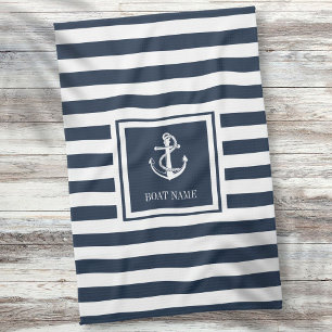 Linge De Cuisine Ancre nautique rayée bleu marine nom de bateau