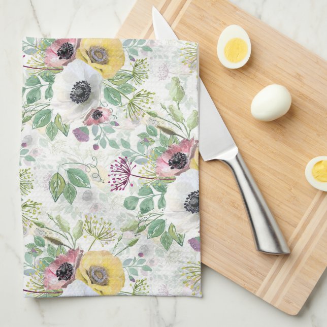 Linge De Cuisine Anémones rose, blanc et jaune. (Quart Plié)
