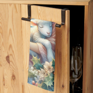 Linge De Cuisine Ange de Noël avec agneau dans la paix hivernale