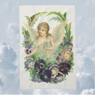 Linge De Cuisine Ange de Pâques victorien avec fleurs de pensée vio