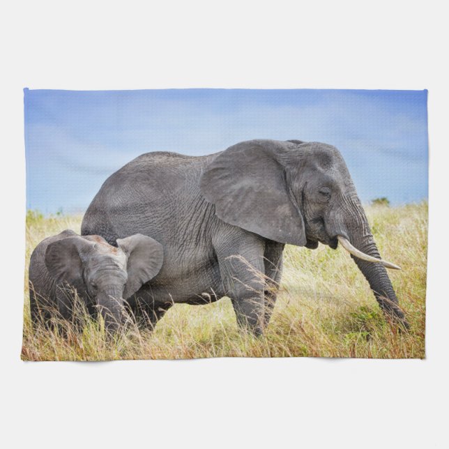 Linge De Cuisine Animaux de bébés cutest | Eléphant africain et mèr (Horizontal)