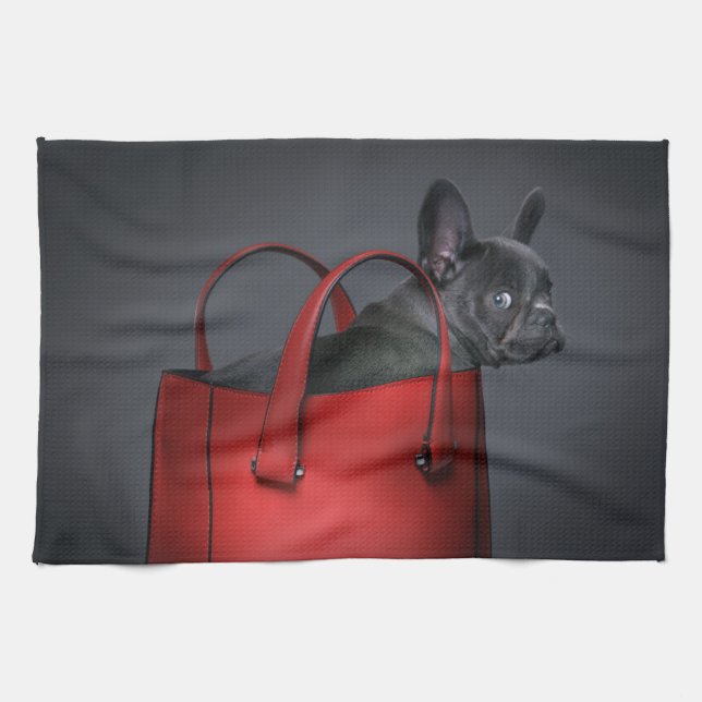 Linge De Cuisine Animaux de bébés cutest | French Bulldog Red Hand  (Horizontal)