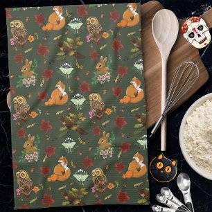 Linge De Cuisine Animaux de la forêt automnale en motif vert