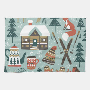 Linge De Cuisine Animaux forestiers : Hiver Vintage sans couture.