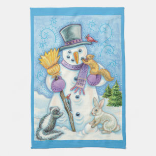 Linge De Cuisine Animaux mignons construisant un bonhomme de neige