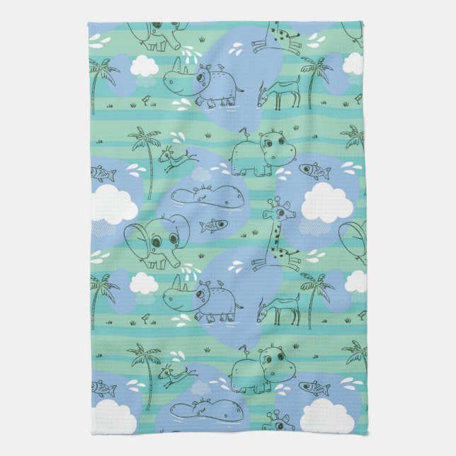 Linge De Cuisine Animaux mignons jouant avec de l'eau 3 (Vertical)