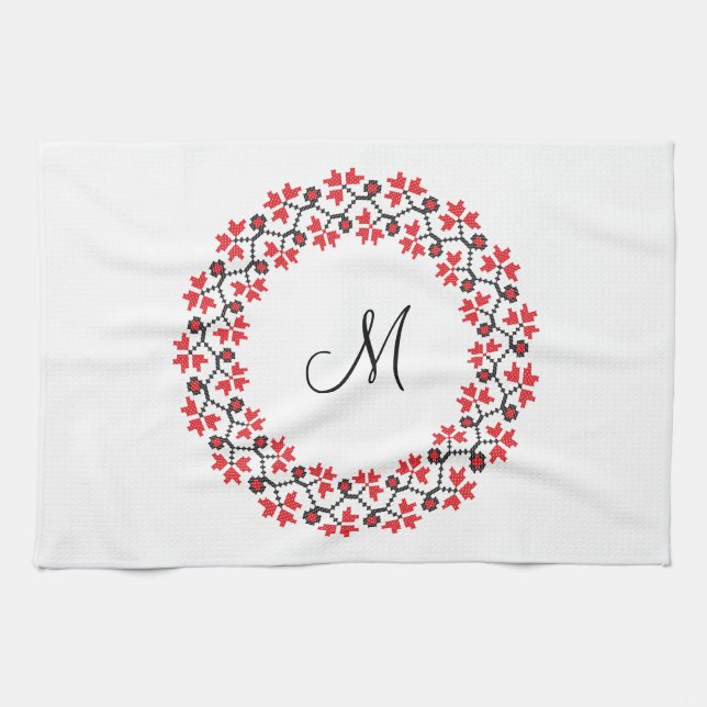 Linge De Cuisine Anneau de fleur rouge Monogramme personnalisé init (Horizontal)