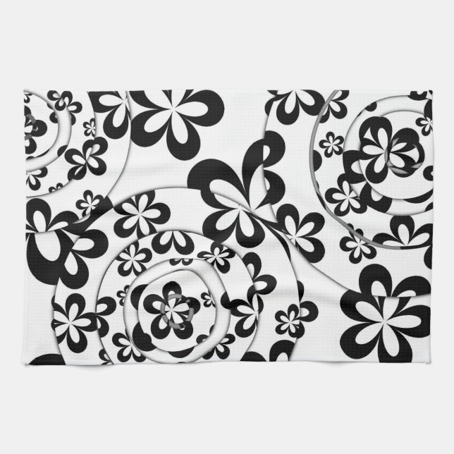 Linge De Cuisine Anneaux et fleurs noirs et blancs (Horizontal)