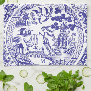 Linge De Cuisine Antique Blue Willow Chine Motif Vintage Monogramme