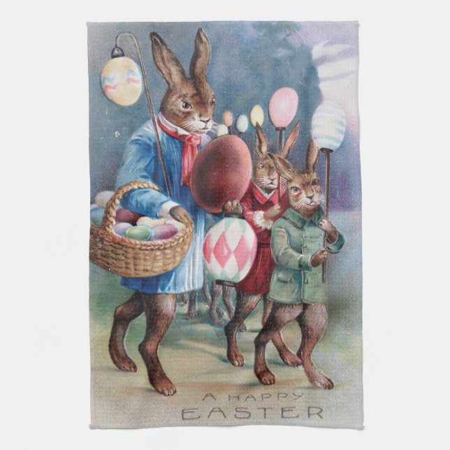 Linge De Cuisine Antique Easter Bunny Parade Post Card Egg Lanterns (Vertical)
