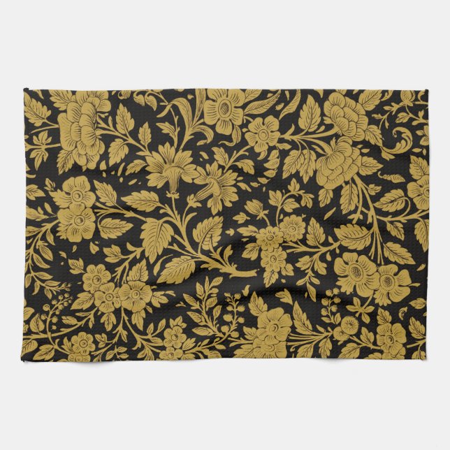 Linge De Cuisine Antique Gold Floral Indian Lac-work Black Pattern (Horizontal)