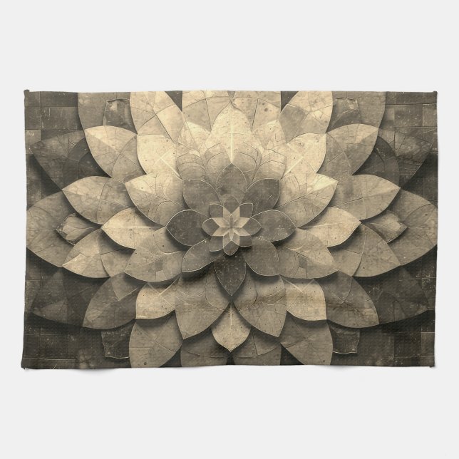 Linge De Cuisine Antique Golden Mandala Art Fleur texturée (Horizontal)