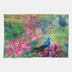 Linge De Cuisine Antique Illustré Paon & Fleurs Grunge