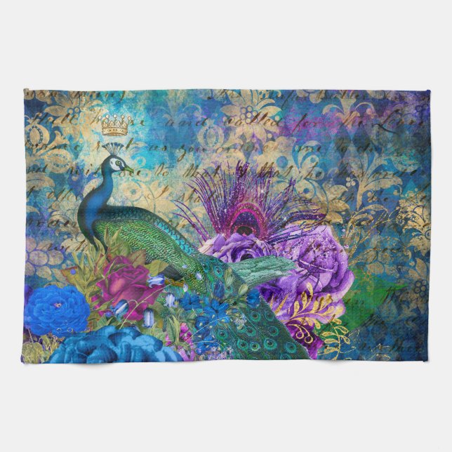 Linge De Cuisine Antique Peacock Illustré & Fleurs Grunge (Horizontal)