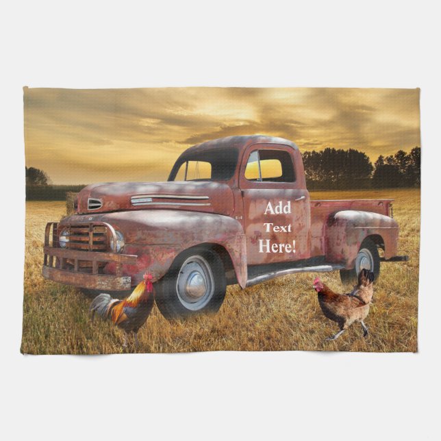 Linge De Cuisine Antique Red Truck Roster poule Farm Field Sunset (Horizontal)
