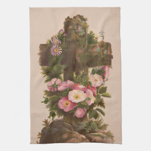 Linge De Cuisine Antique Rustic Cross, Wild Roses, Easter Card, (Vertical)