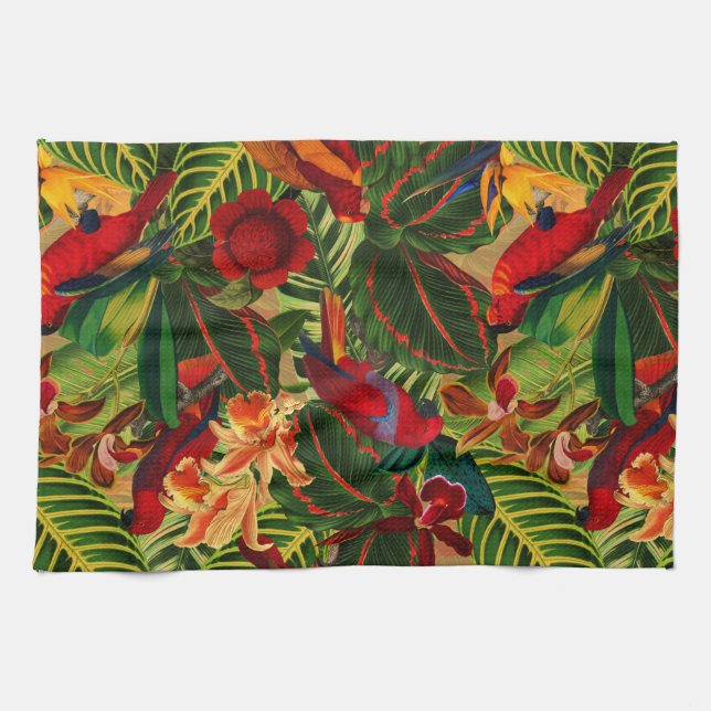 Linge De Cuisine Antique Tropical Parrots Jungle Motif (Horizontal)