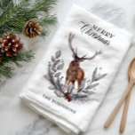 Linge De Cuisine Antlered Deer Buck Wreath Joyeux Noël<br><div class="desc">Pépecone rustique à feuillage persistant houx et pin avec baies brunes et un grand cerf à queue avec un grand porte-bois "Joyeux Noël" conception de la couronne. Conception composite par Holiday Hearts Designs.</div>