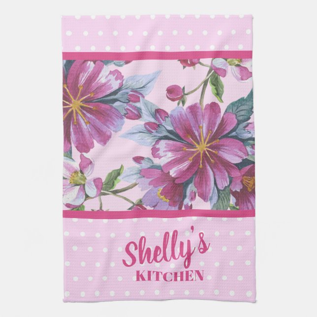 Linge De Cuisine Apple Blossoms and Pink Polka Dots Kitchen Towel (Vertical)