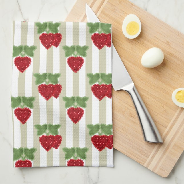 Linge De Cuisine Appliqué fraise sur fond rayé rétro  (Quart Plié)