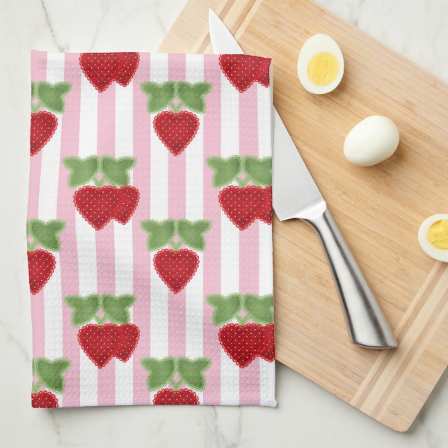 Linge De Cuisine Appliqué fraise sur fond rayé rétro  (Quart Plié)