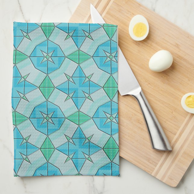 Linge De Cuisine Aqua bleu et vert Motif à carreaux géométriques (Quart Plié)
