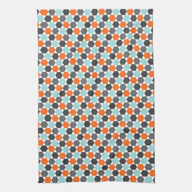 Linge De Cuisine Aqua bleu, motif géométrique gris et orange (Vertical)