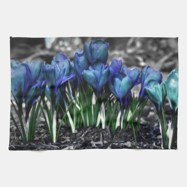 Linge De Cuisine Aqua Blue Crocus Blooms (Horizontal)