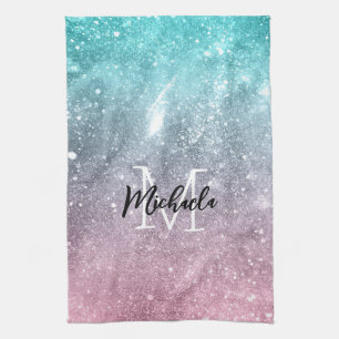 Linge De Cuisine Aqua blue Pink ombre mer galaxie abstraite Monogra