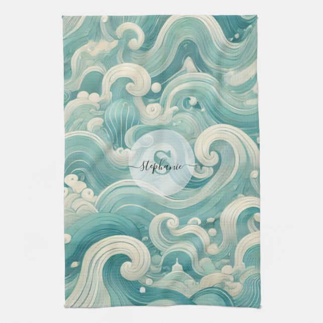 Linge De Cuisine Aqua Blue & White Wave Abstraite - Art moderne Flu (Vertical)
