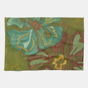 Linge De Cuisine Aqua et fleurs oranges brûlées sur l'arrière -