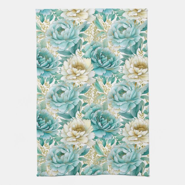 Linge De Cuisine Aqua Mint Blanc Floral (Vertical)
