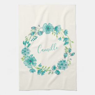 Linge De Cuisine Aqua Sea Green Floral Wreath Personnalisé