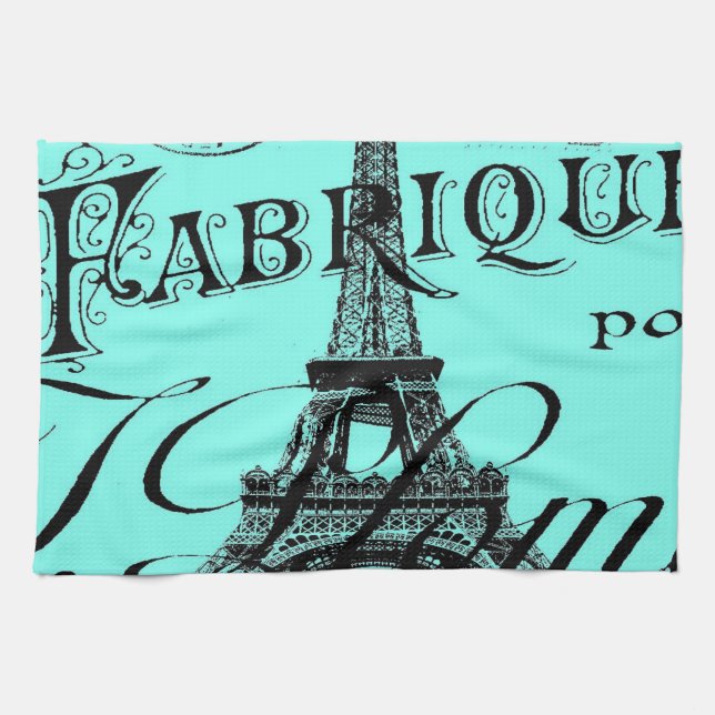 Linge De Cuisine aqua turquoise scripts turquoises Paris Tour Eiffe (Horizontal)