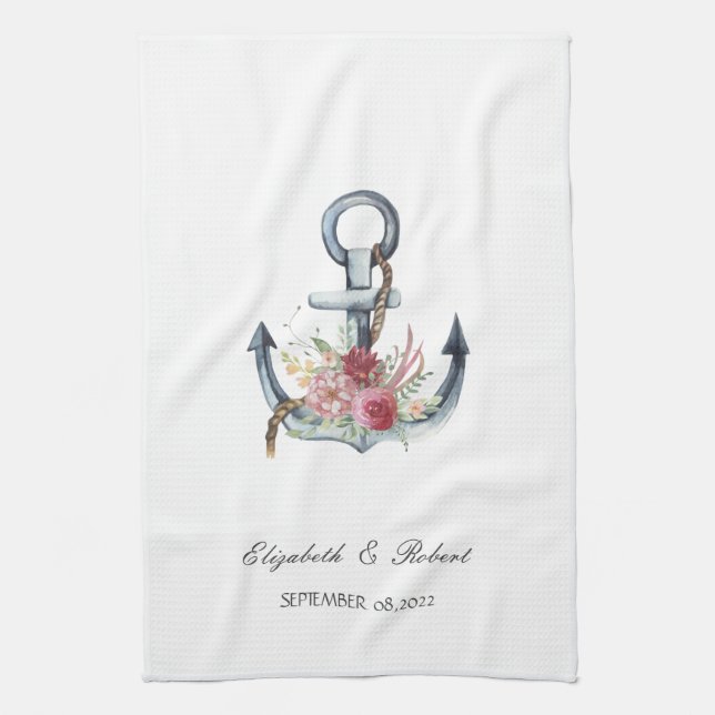 Linge De Cuisine Aquarelle Ancre Fleurs Nautiques (Vertical)