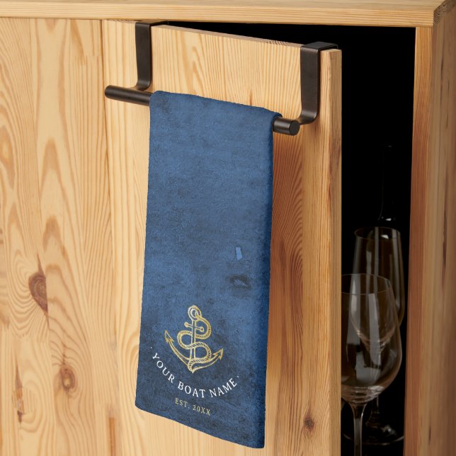 Linge De Cuisine Aquarelle Ancre nautique Ajouter Nom du bateau Mar (Pliage en tiers)