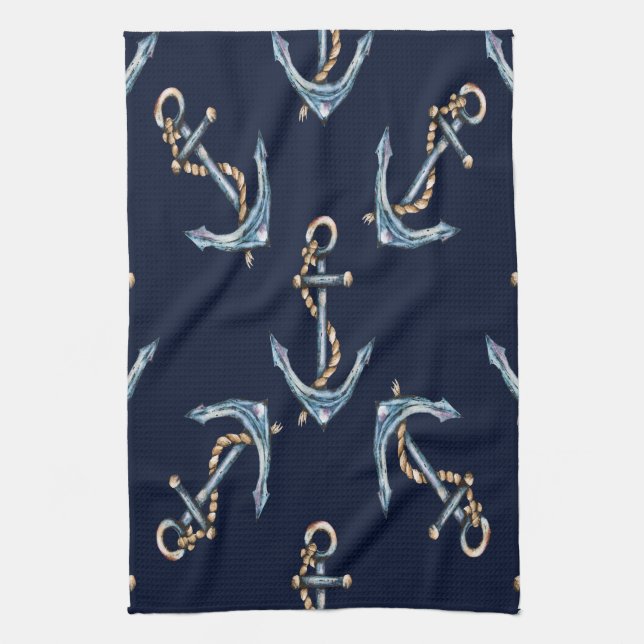 Linge De Cuisine Aquarelle Ancres Bleu Nuit (Vertical)
