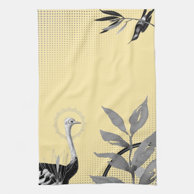 Linge De Cuisine Aquarelle artistique jaune et gris Feuille Autruch (Vertical)
