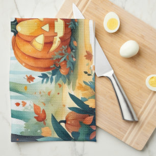 Linge De Cuisine Aquarelle Automne Citrouilles Automne Feuilles For
