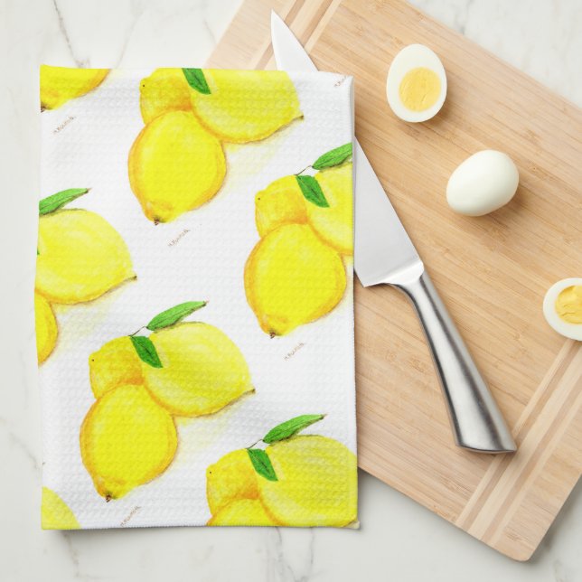 Linge De Cuisine Aquarelle aux citrons Citrus Motif été (Quart Plié)