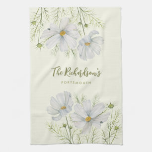 Linge De Cuisine Aquarelle Blanc Cosmos Fleurs Peinture Botanique
