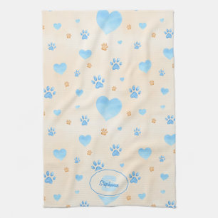 Linge De Cuisine Aquarelle Bleu Coeurs et Empreintes de pattes Moti