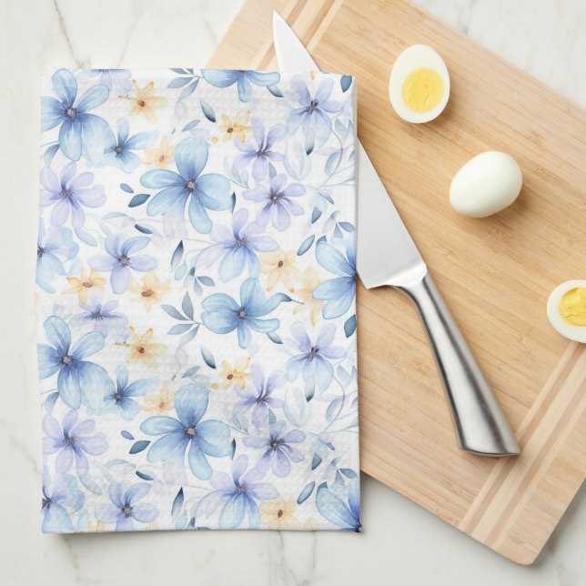 Linge De Cuisine aquarelle bleu floral transparent (Quart Plié)