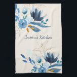 Linge De Cuisine Aquarelle bleu moderne Floral Personnalisé<br><div class="desc">Belle et stylisée aquarelle peinture de fleurs en bleu et or,  personnalisée avec votre nom.</div>