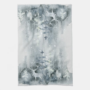 Linge De Cuisine Aquarelle, bois, cerf, neige, cuisine arborée