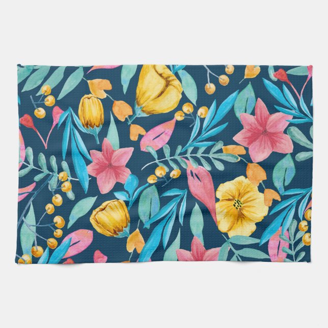 Linge De Cuisine Aquarelle botanique : fleurs, ornement feuille. (Horizontal)