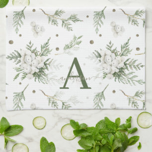 Linge De Cuisine Aquarelle Branche de Cèdre Blanc de Symphorine Noë