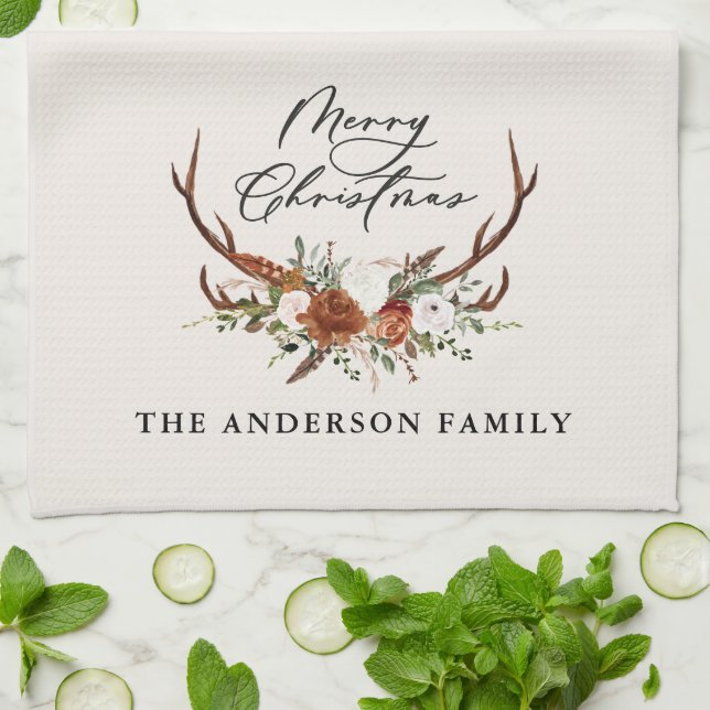Linge De Cuisine aquarelle cerf fleurs merveille Noël (Plié)